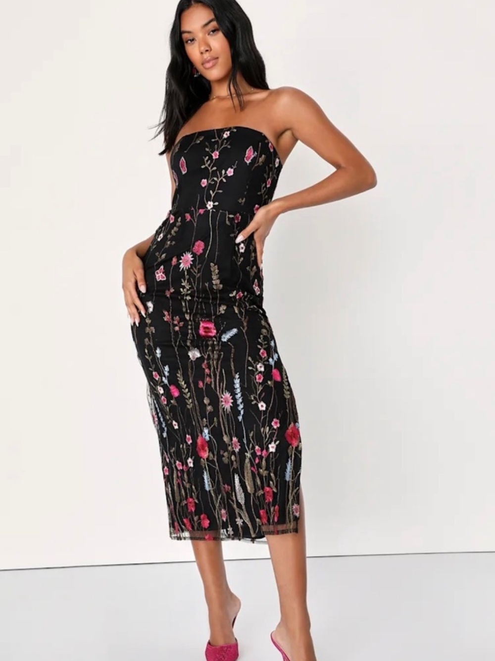 Bold Botanicals Black Floral Embroidered Strapless Midi Dress- SMALL